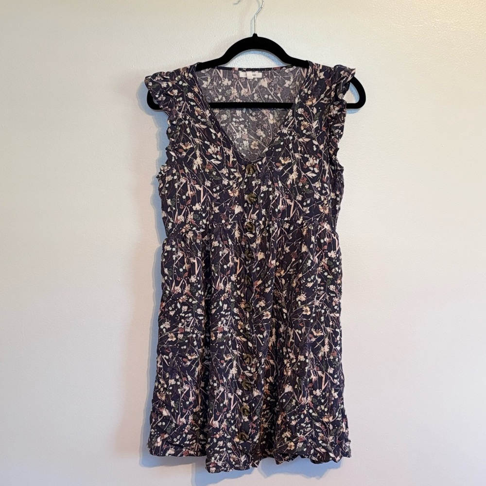 Maurice purple patterned sundress with cap sleeves and faux front buttons size